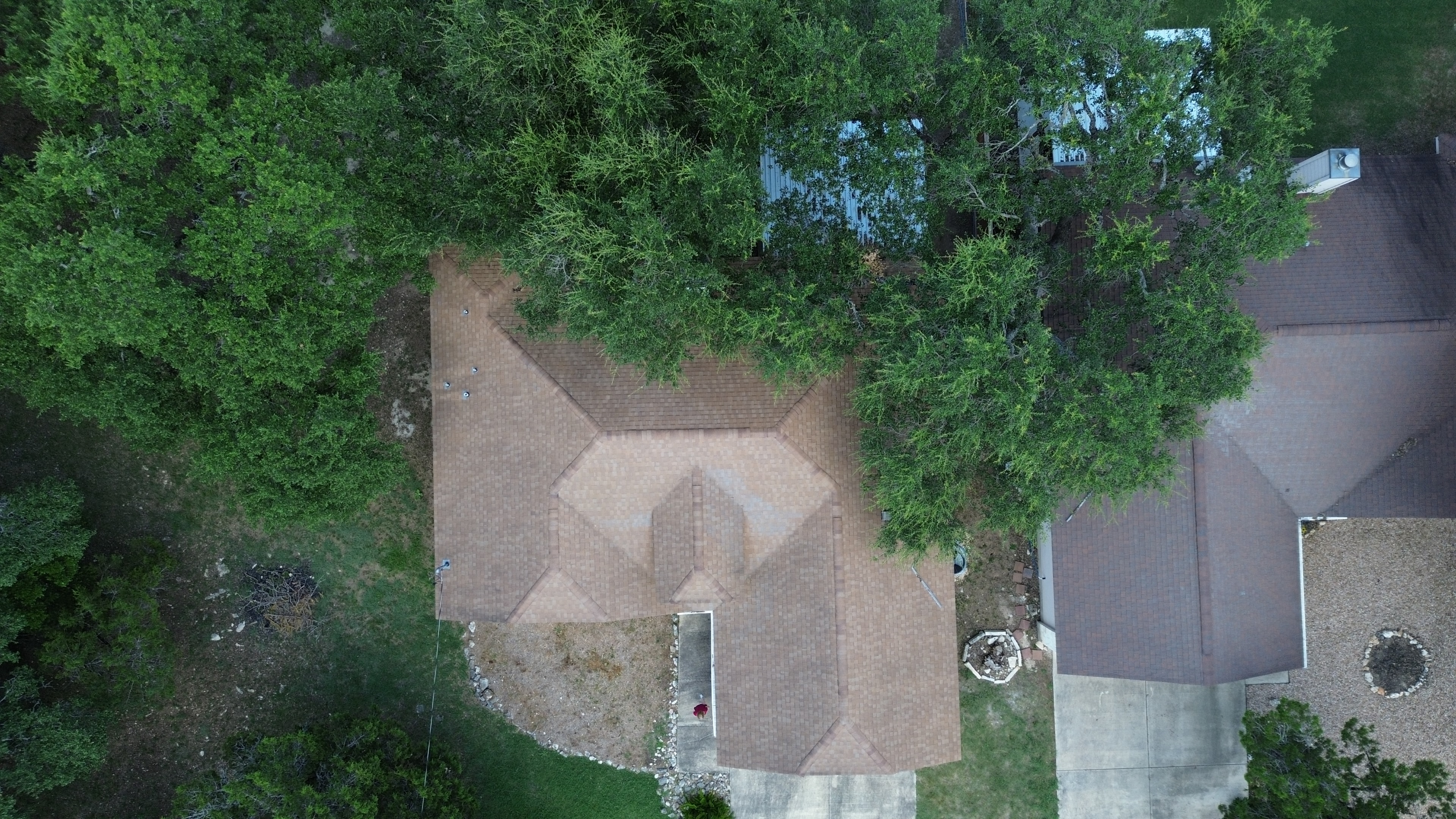 Aerial top-down view completed roof